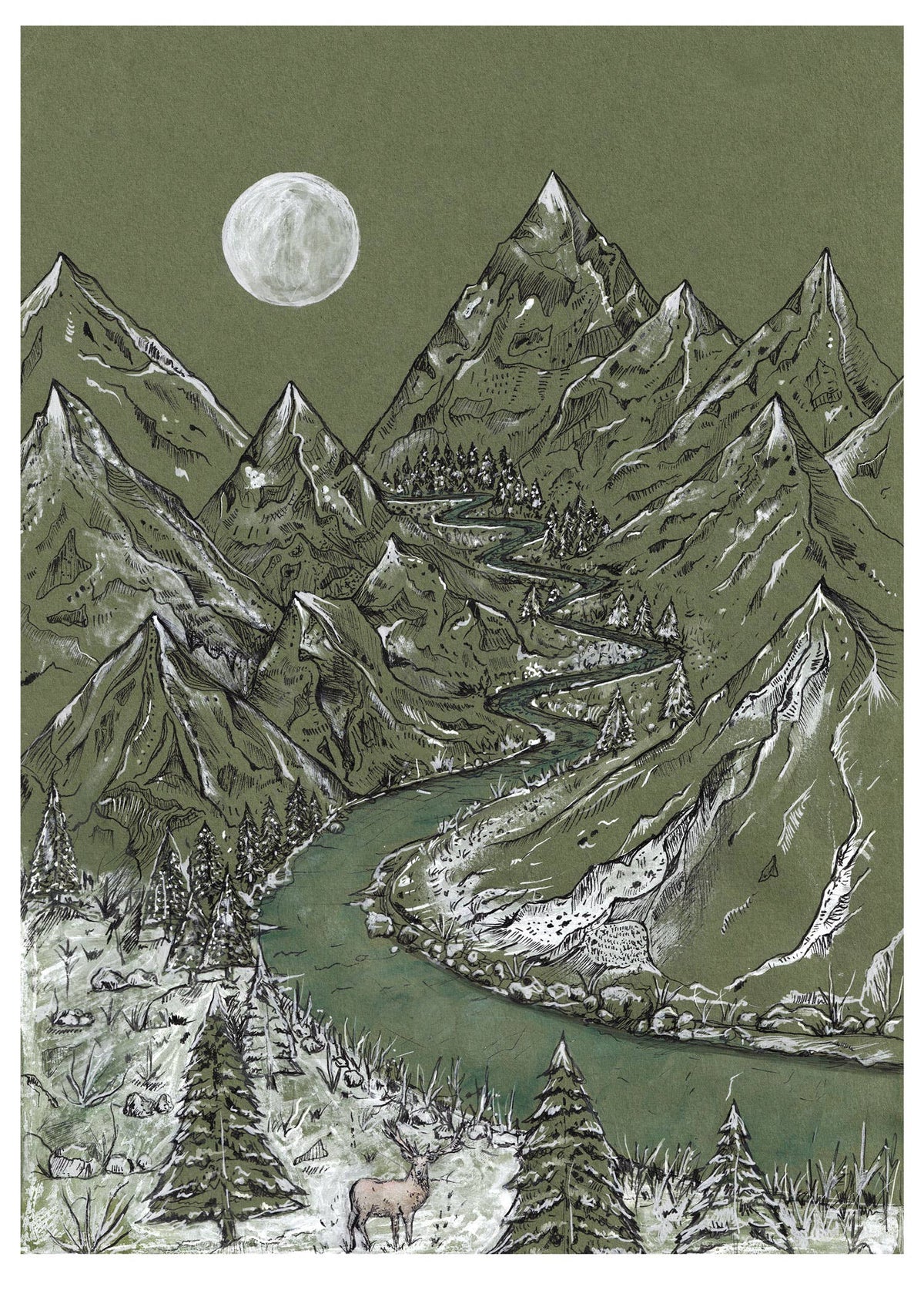 A stylized landscape illustration of jagged mountains, a winding river, evergreen trees, and a full moon in muted olive green, gray, white, and brown tones.