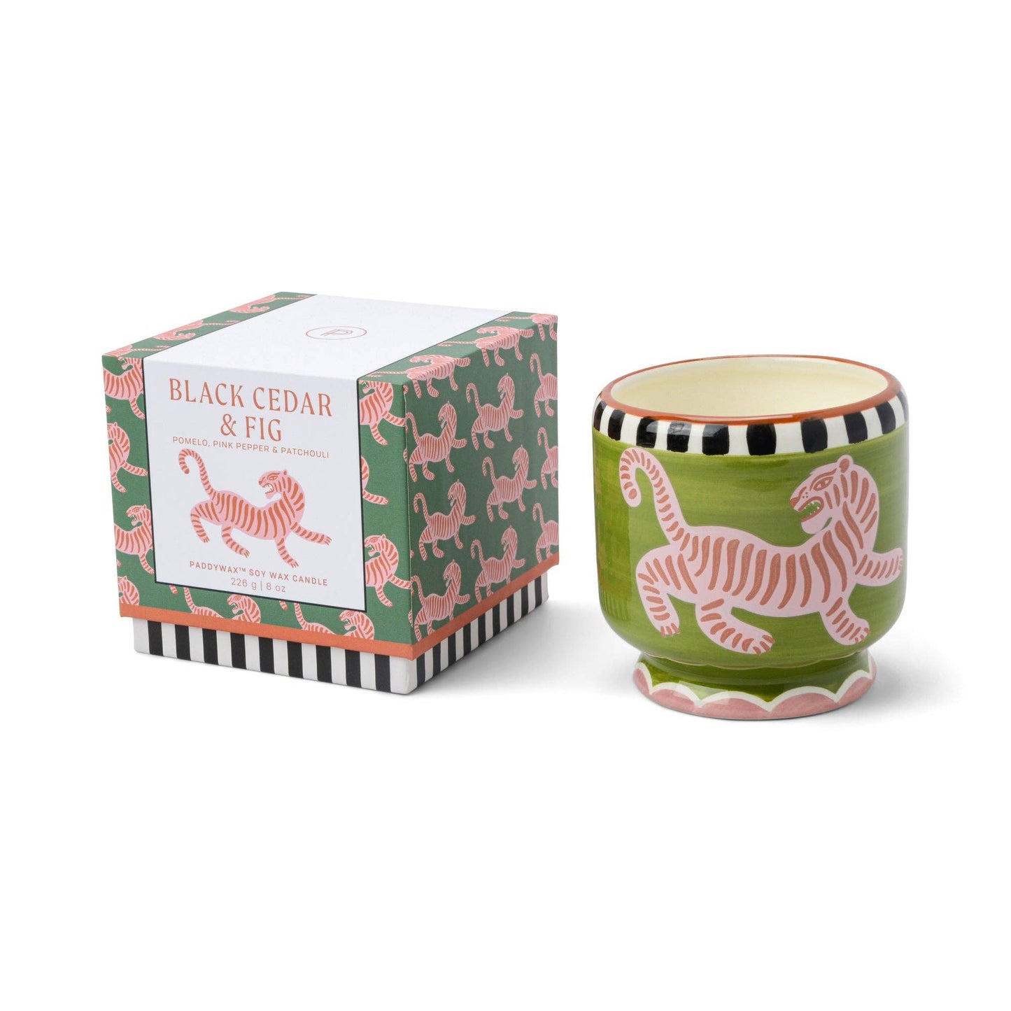 Ceramic cup with tiger design and matching box on a white background
