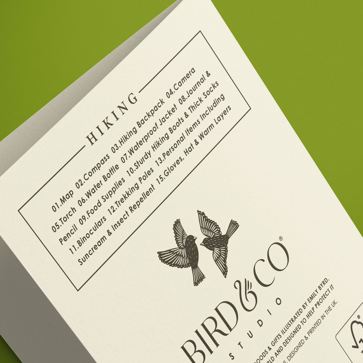 Product list for hiking equipment with 'Bird & Co Studio' branding on a green background