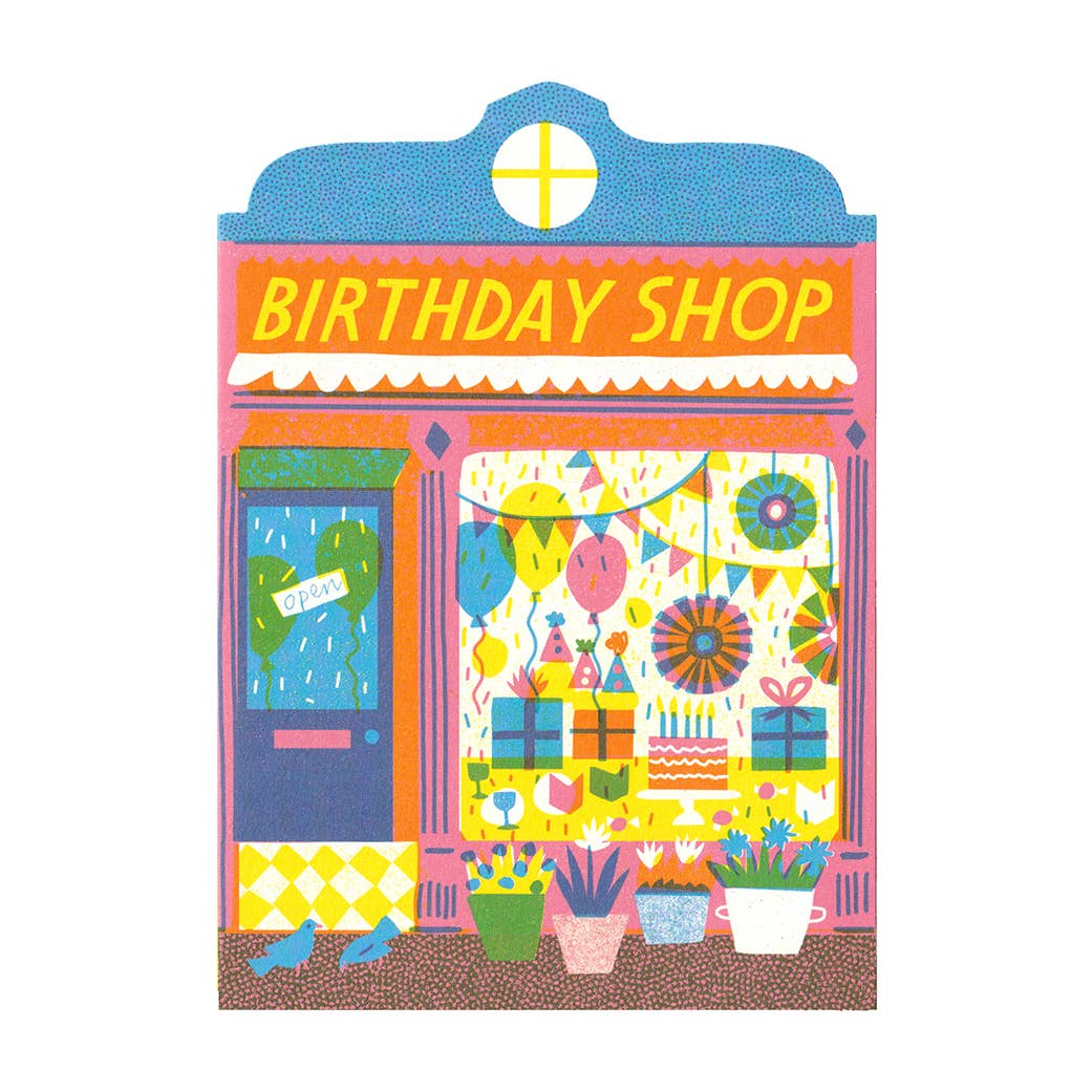 Illustration of a store front labeled 'Birthday Shop' with colorful decorations.
