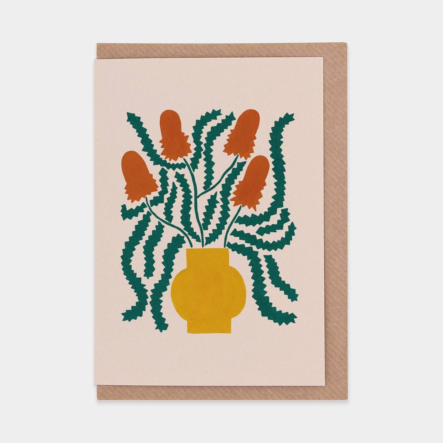 Greeting card with a vase of flowers design on a beige background