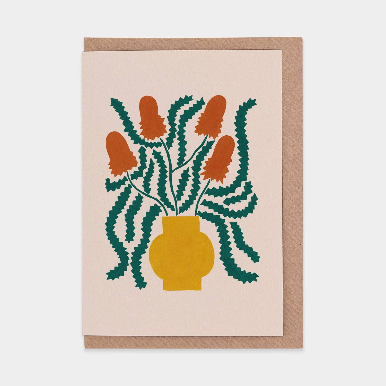 Greeting card with a vase of flowers design on a beige background