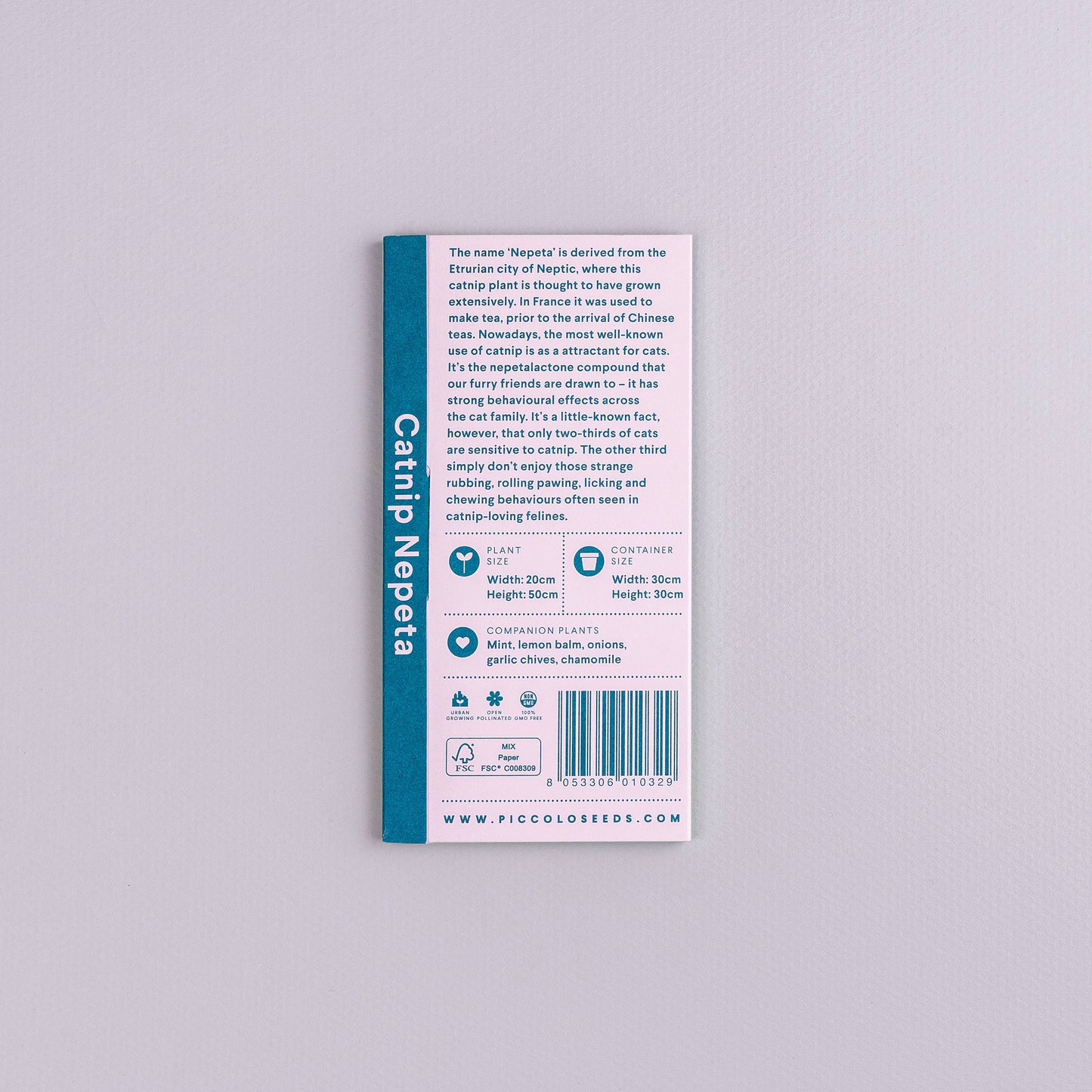 Seeds packet for Catnip Nepeta on a light gray background