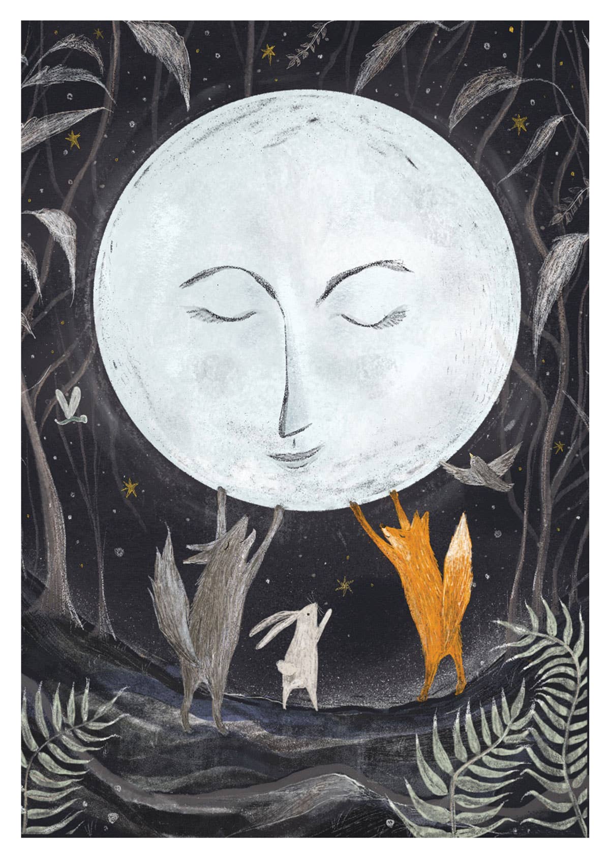 A whimsical art print featuring a large moon with a sleeping face, surrounded by a dark starry night sky, silhouetted plants, and two small animals—a white rabbit and an orange fox—at the bottom.
