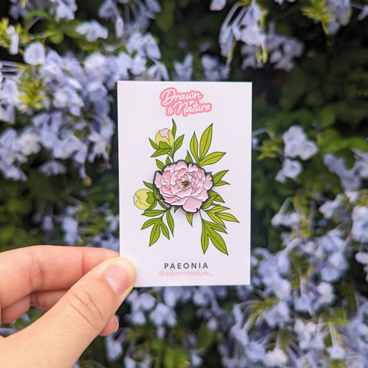 Hand holding a card with a pink peony illustration against a floral background