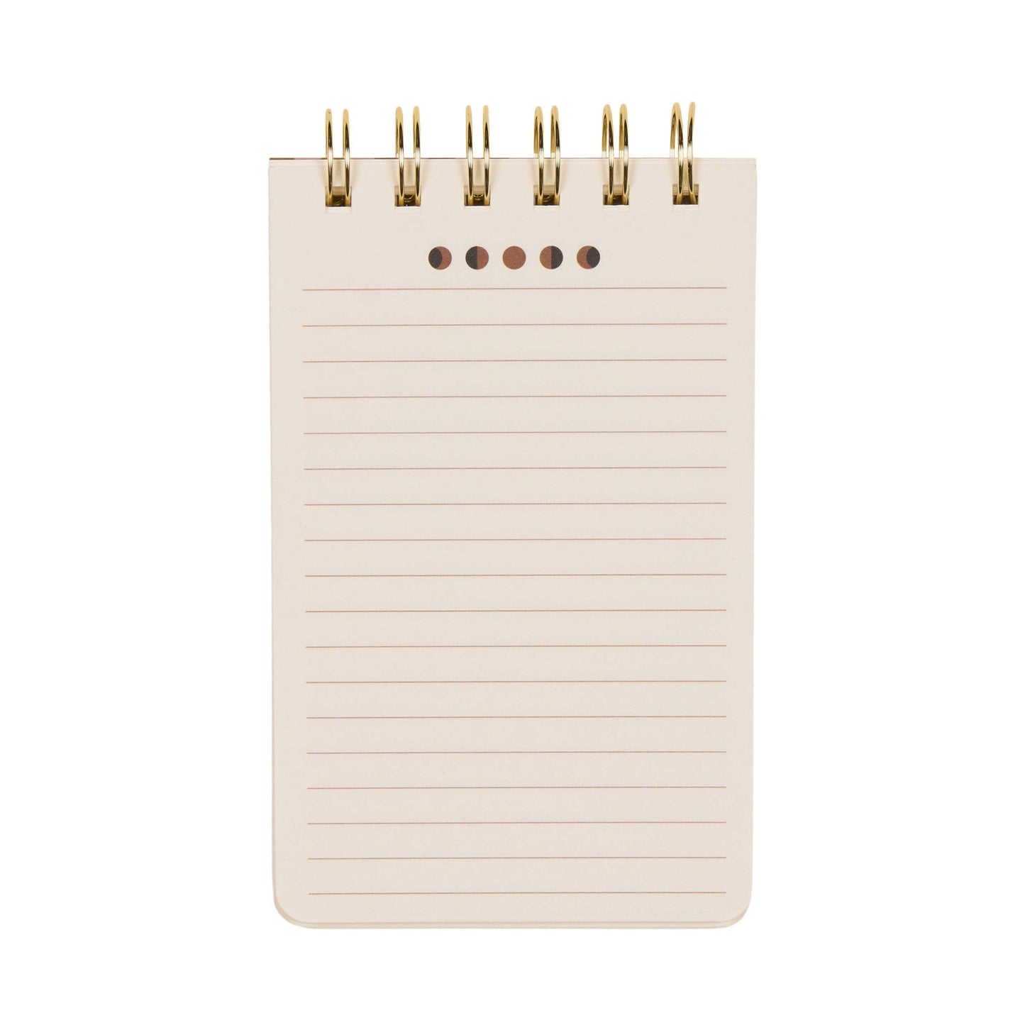 Beige notebook with gold spiral binding on a white background