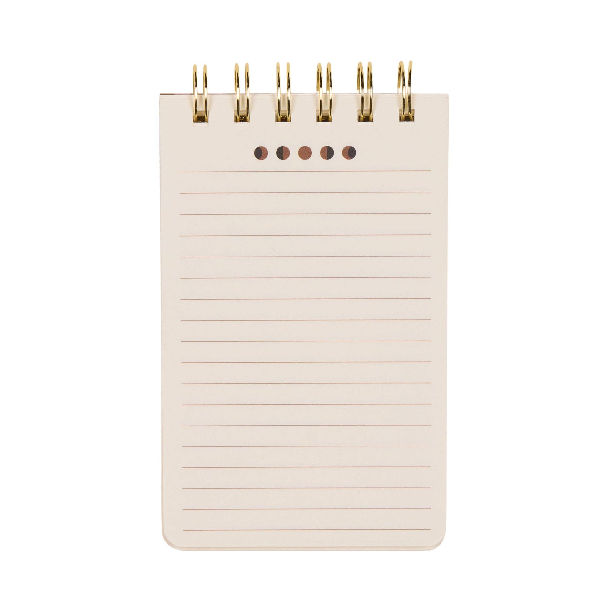 Beige notebook with gold spiral binding on a white background