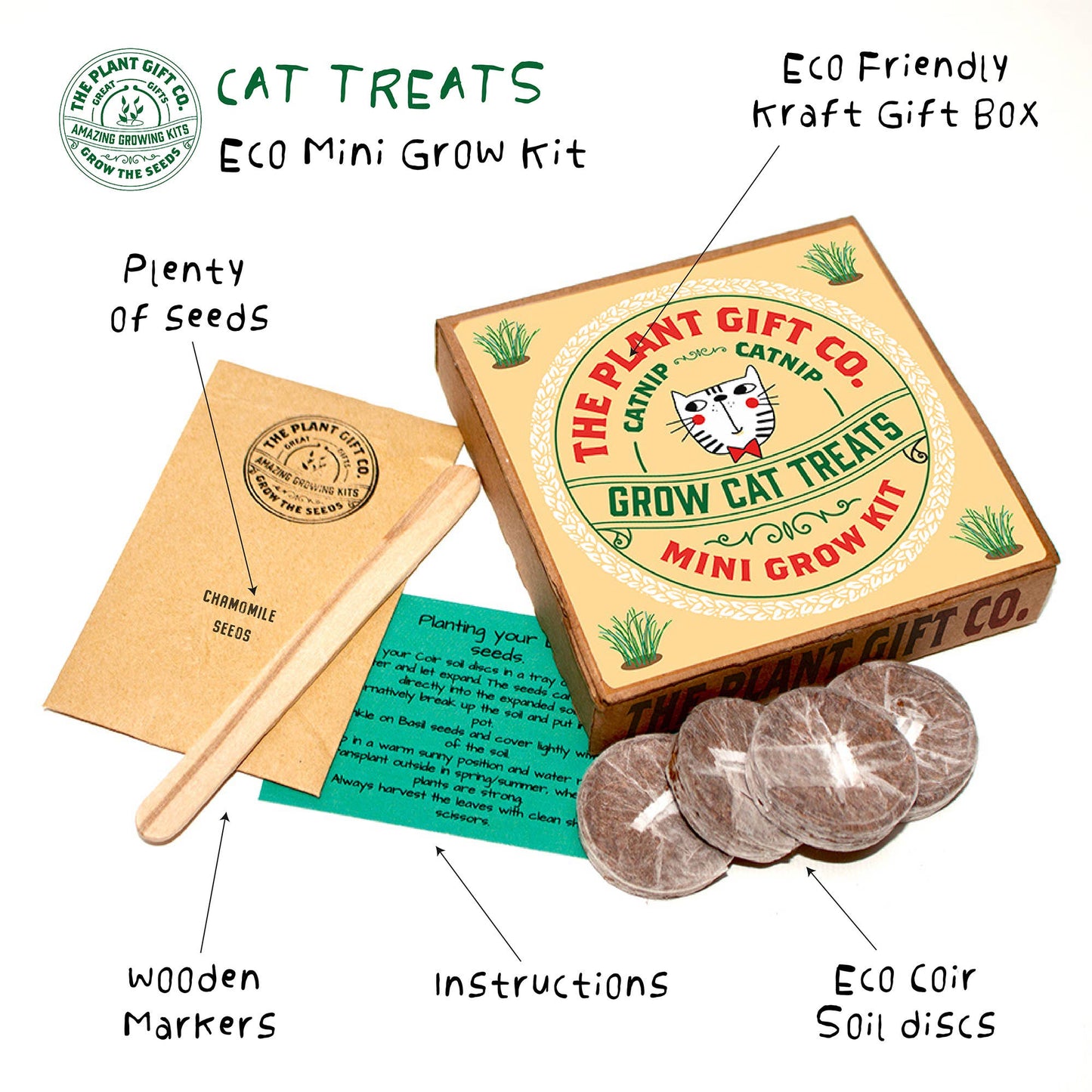 Eco-friendly cat treat grow kit from The Plant Gift Co. with box, seeds, markers, and soil discs.