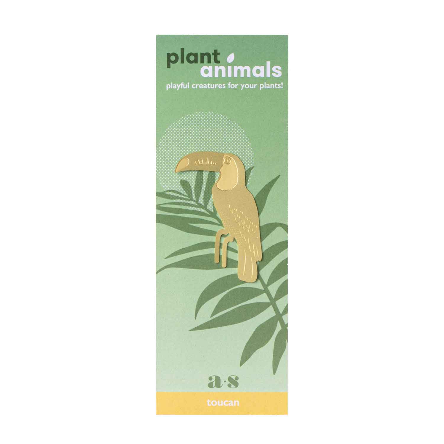 Card with a toucan illustration and 'plant animals' branding on a green background
