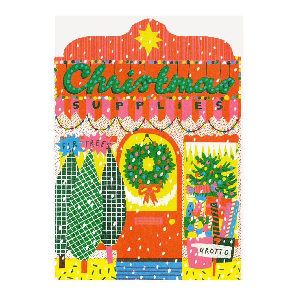 Colorful illustration of a Christmas store front with various holiday items.