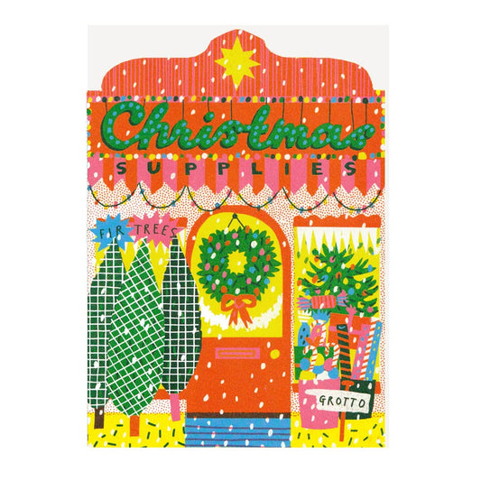 Colorful illustration of a Christmas store front with various holiday items.