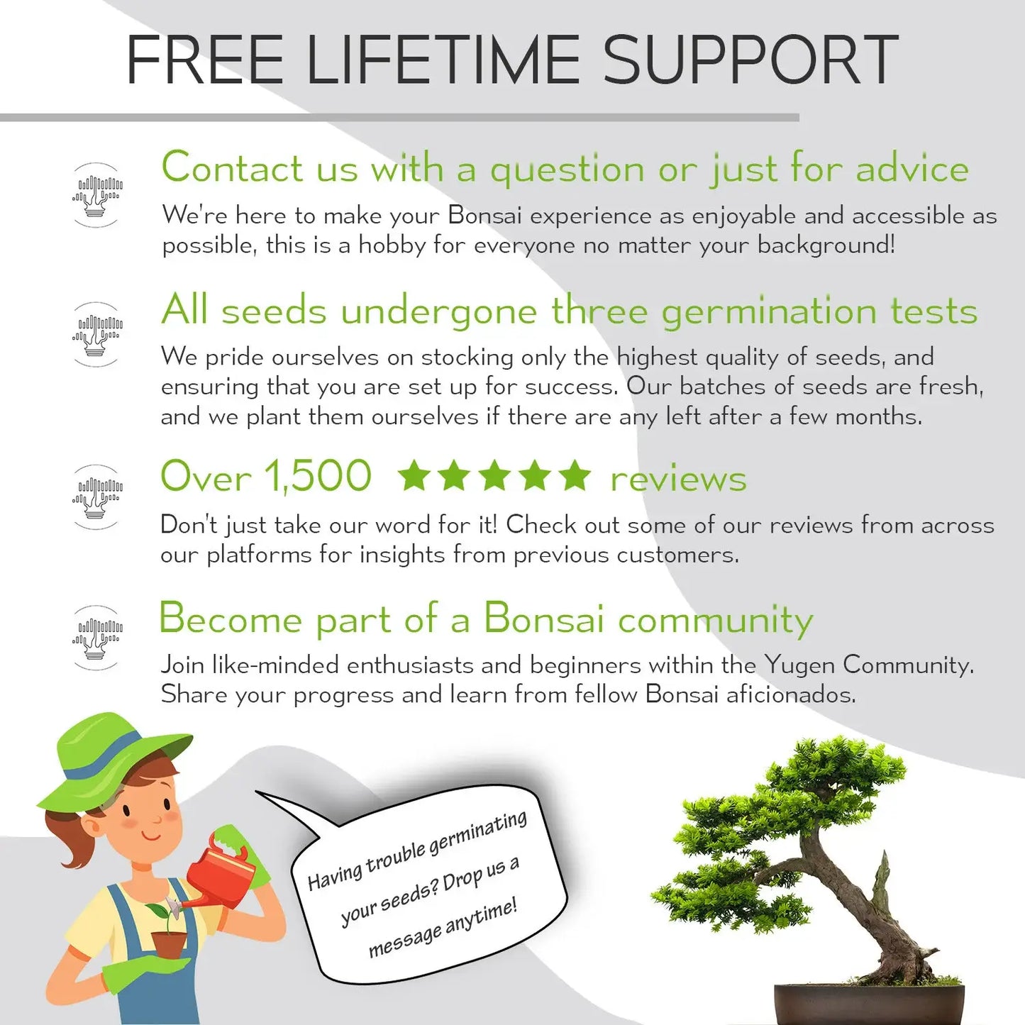 Promotional graphic for bonsai seeds with contact information and community details.