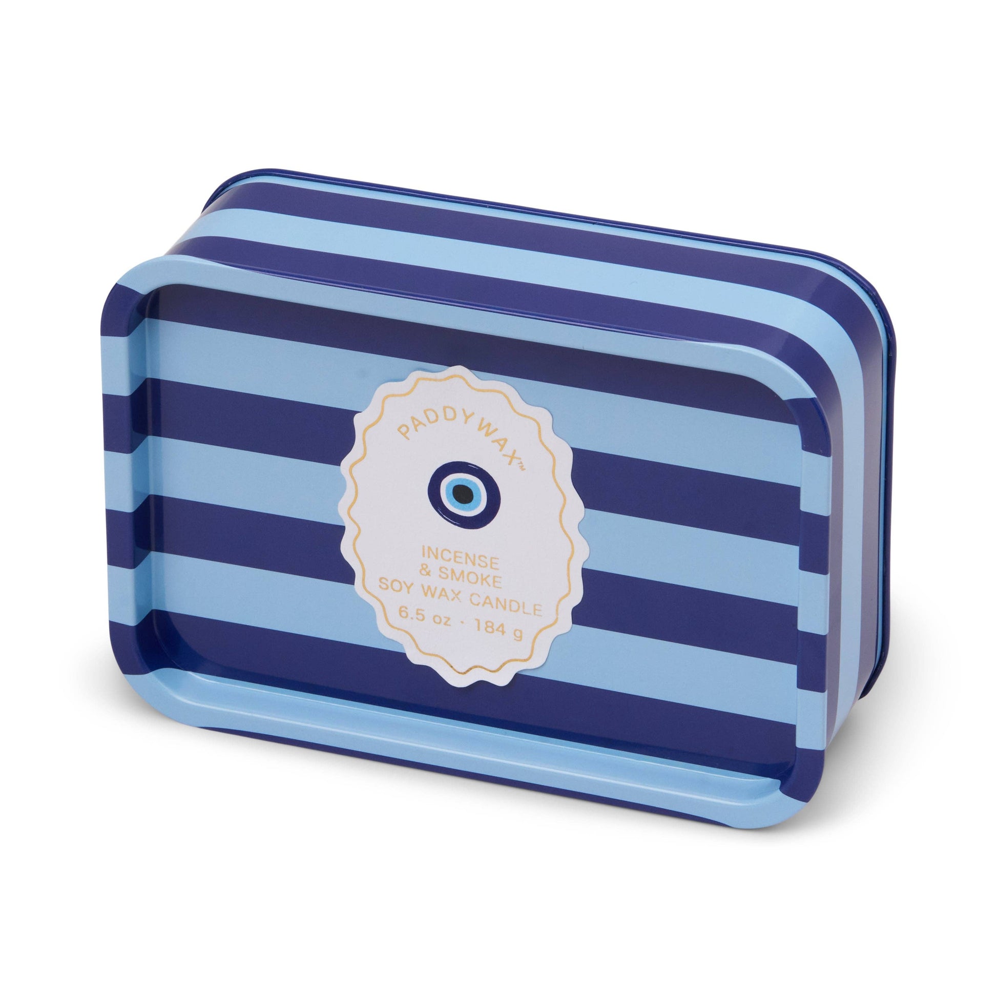 Blue and white striped tin with a label on a white background