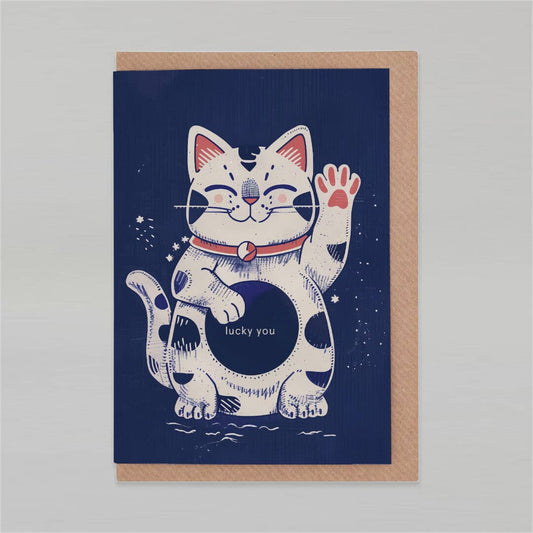 Greeting card with a waving cat illustration on a blue background