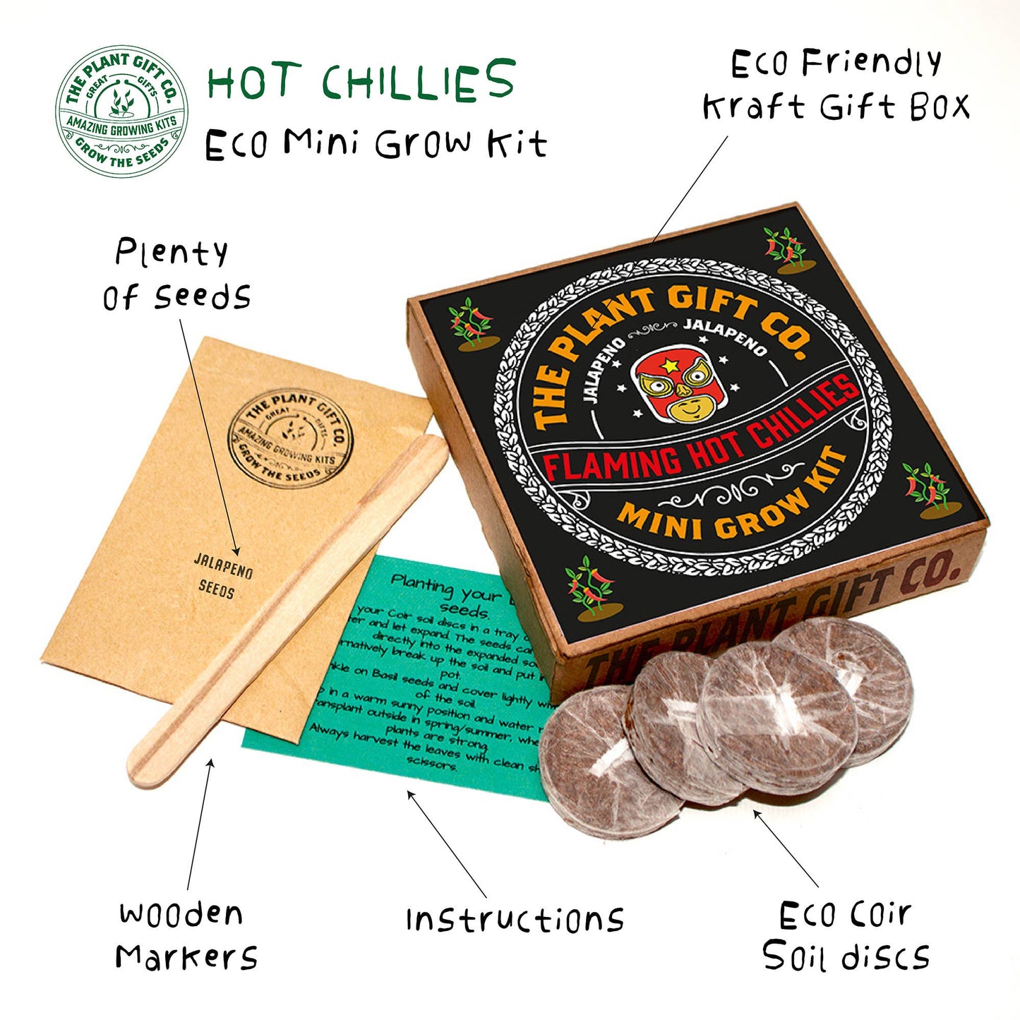 Eco-friendly hot chillies mini grow kit with box, seeds, markers, and soil discs on a white background.