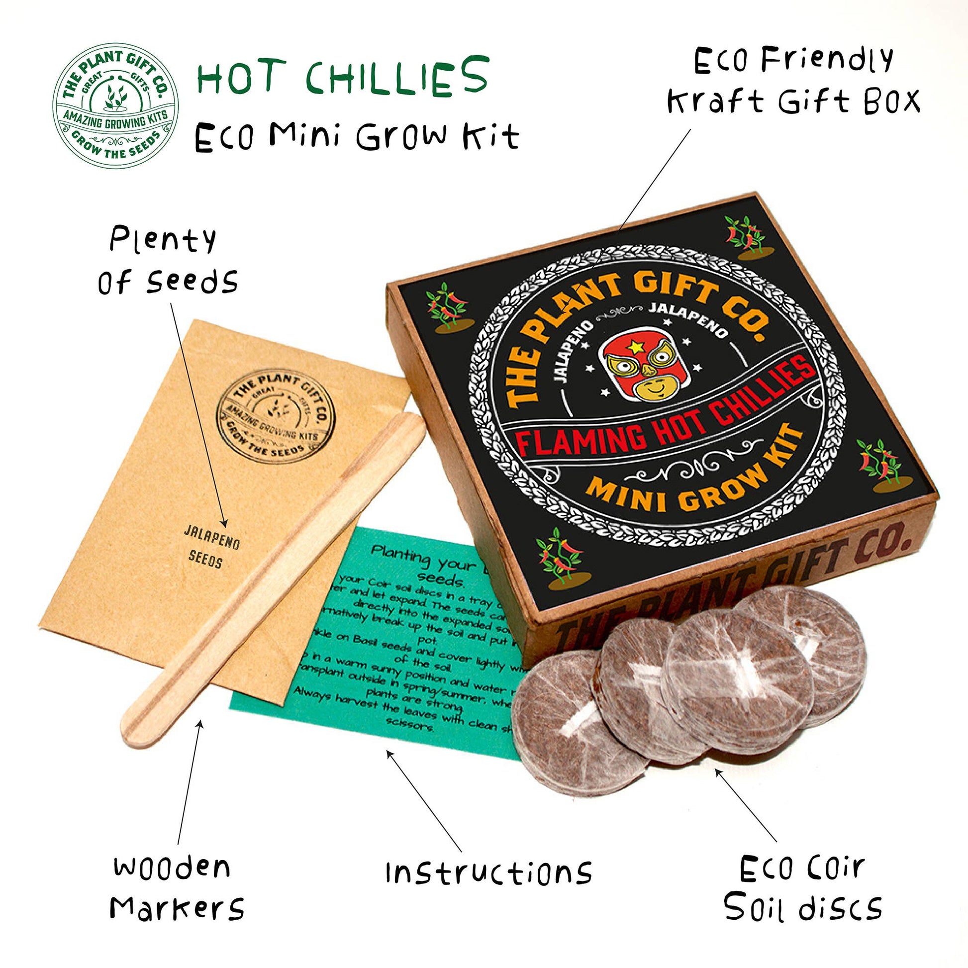 Eco-friendly hot chillies mini grow kit with box, seeds, markers, and soil discs on a white background.