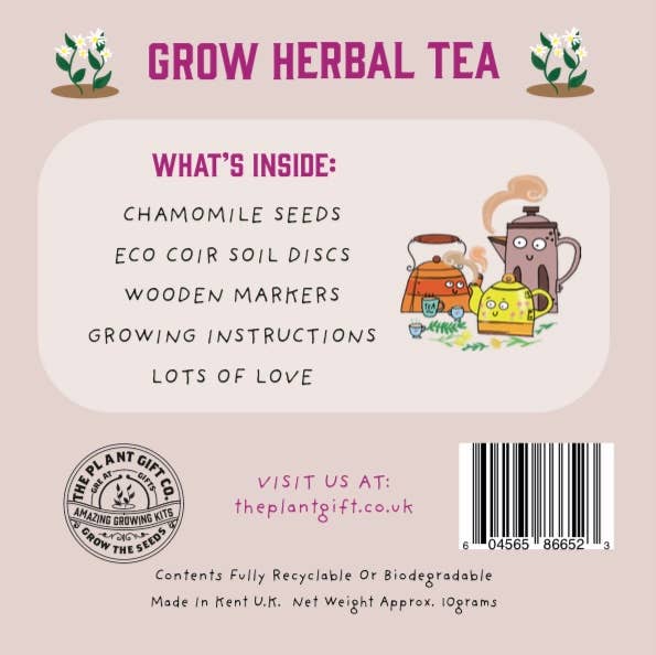 Back of a packaging for grow herbal tea with text and illustrations.