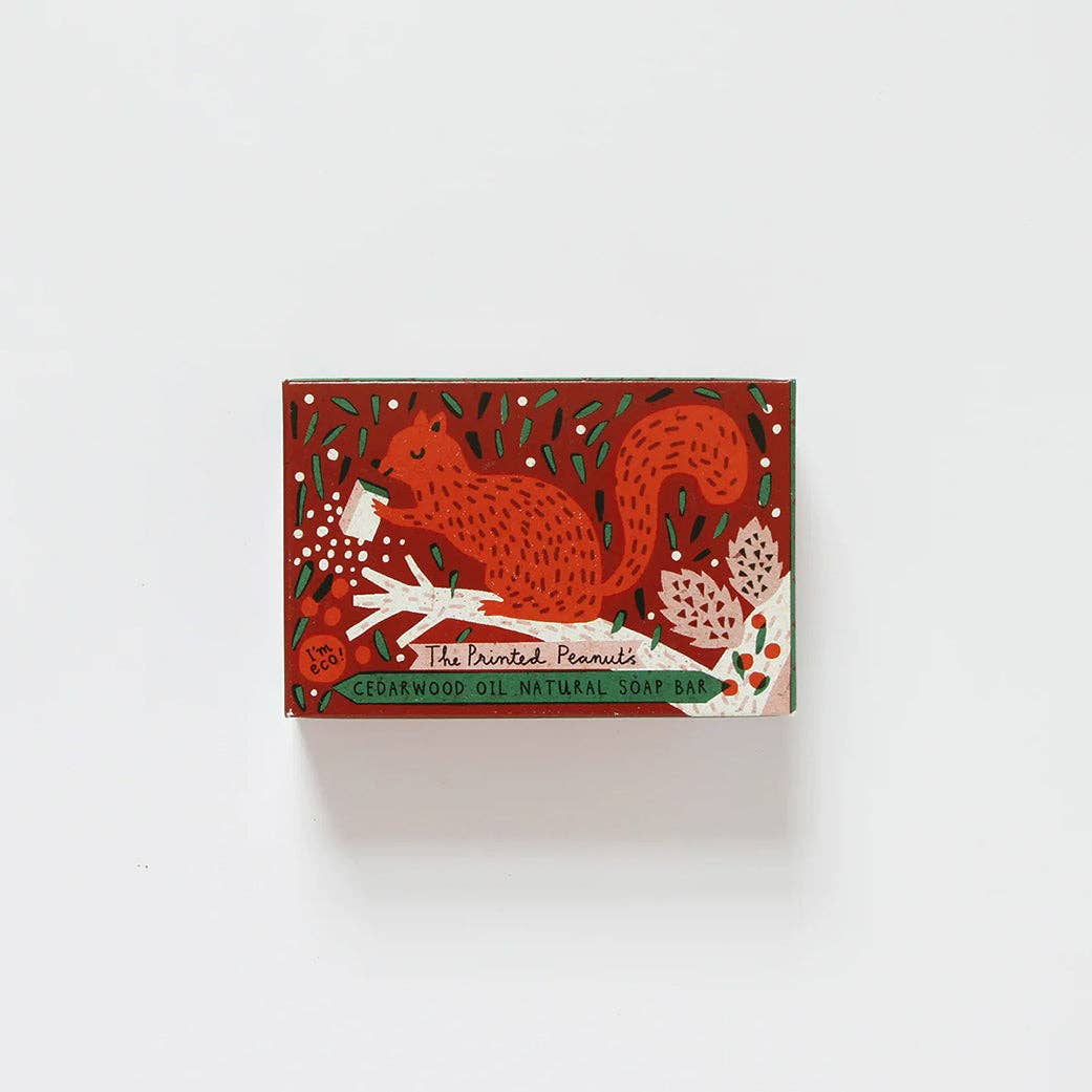 Soap bar with a red squirrel design on a white background