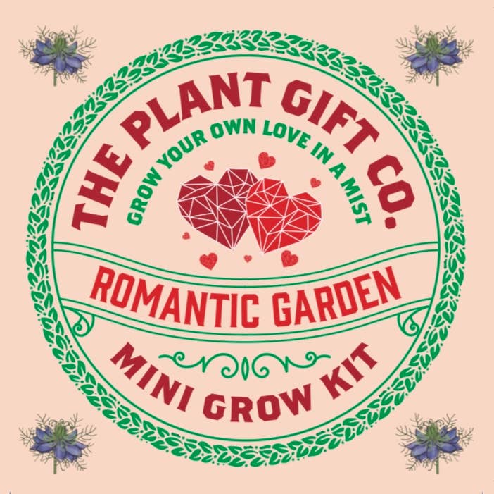 Promotional graphic for The Plant Gift Co. Romantic Garden Mini Grow Kit with decorative elements.