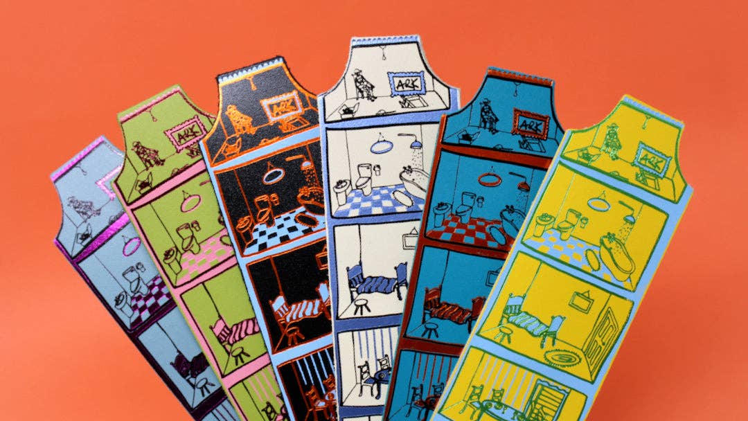Set of colorful socks with illustrated scenes on an orange background