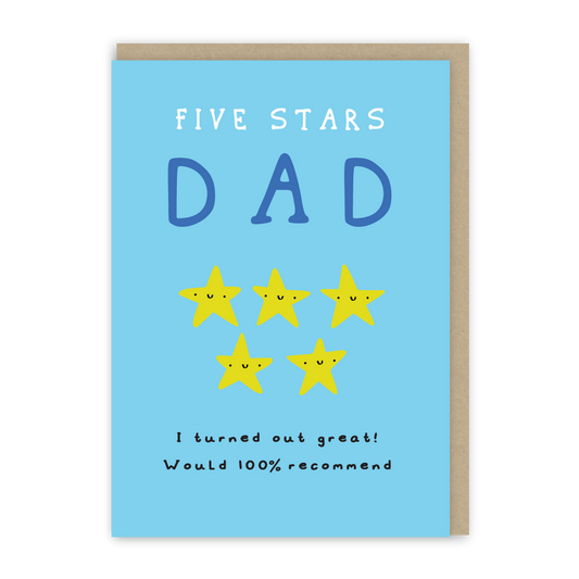 Card with five yellow stars and text on a blue background