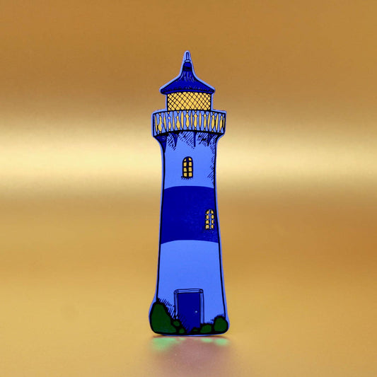 Blue lighthouse illustration bookmark on a gold gradient background