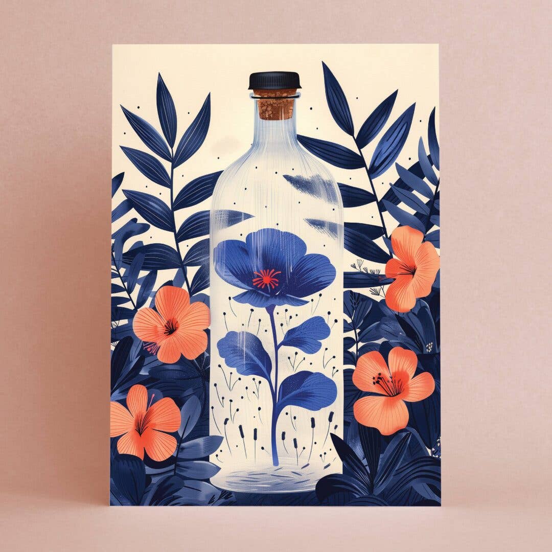 Decorative poster with a glass bottle containing blue flowers and orange leaves on a beige background
