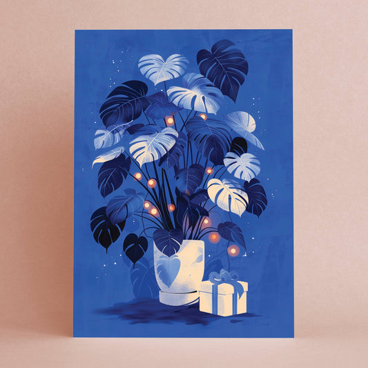 Decorative poster with blue and white leaves, a vase, and gift box on a blue background