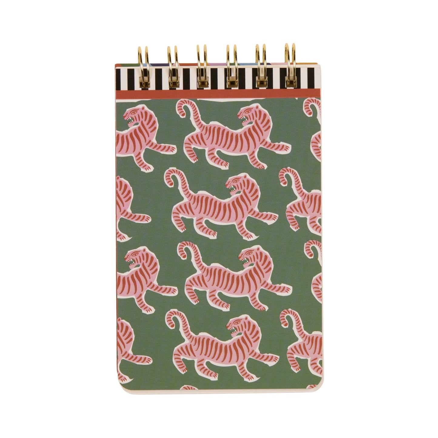 Notebook with pink tiger pattern on a green background
