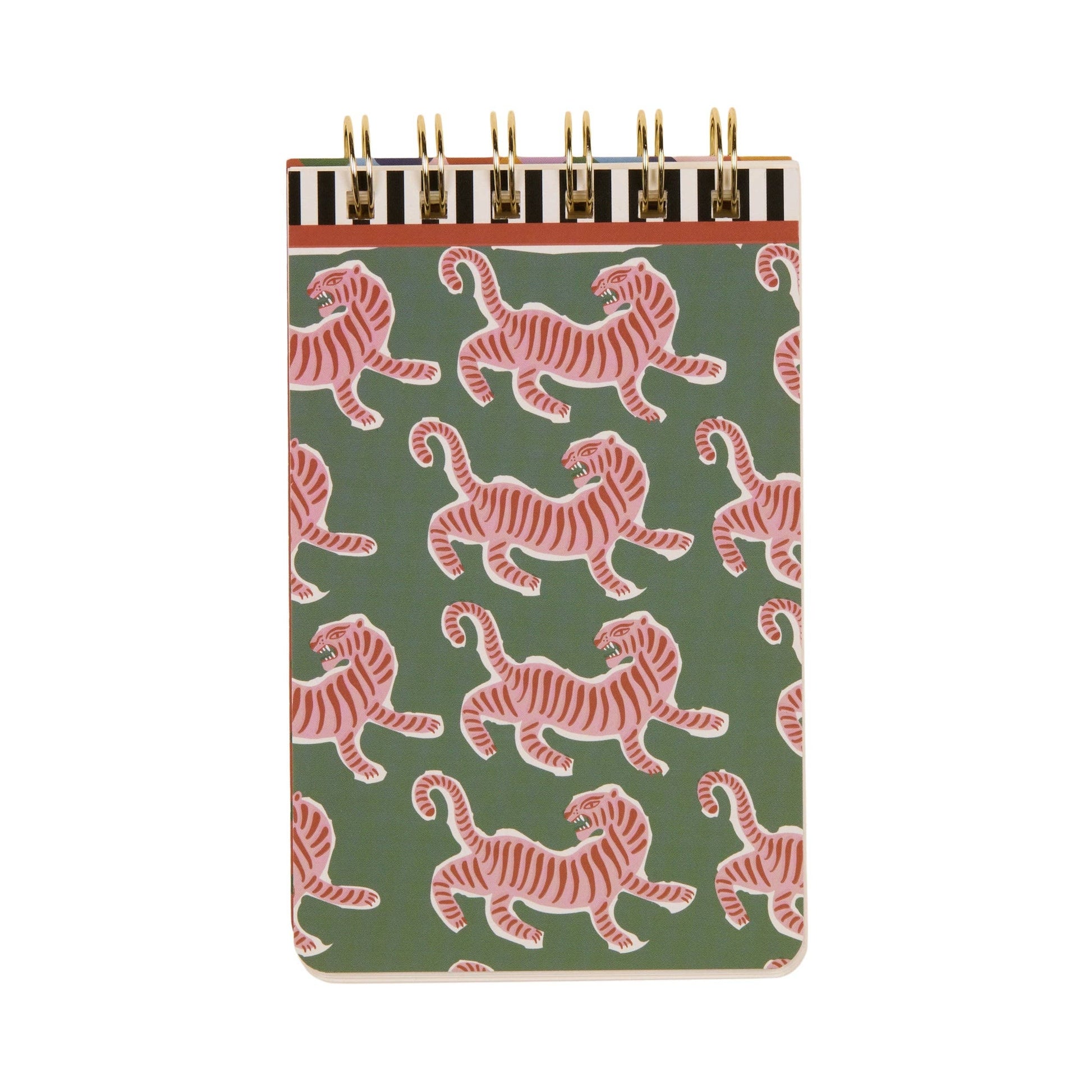 Notebook with pink tiger pattern on a green background