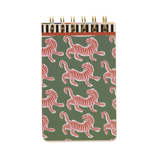 Notebook with pink tiger pattern on a green background