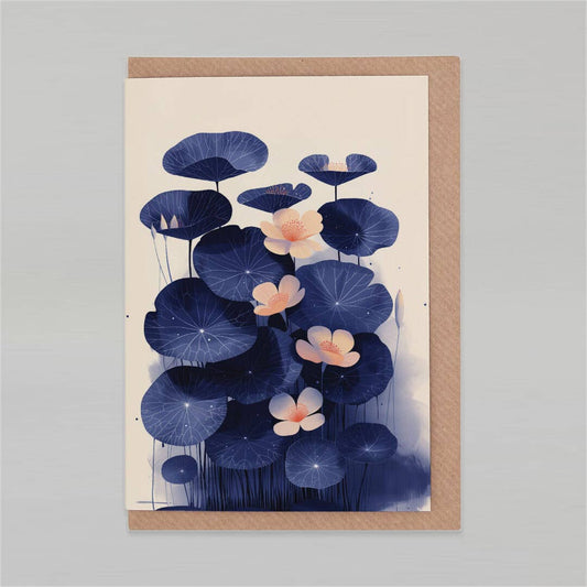 Greeting card artwork of blue flowers and leaves on a beige background