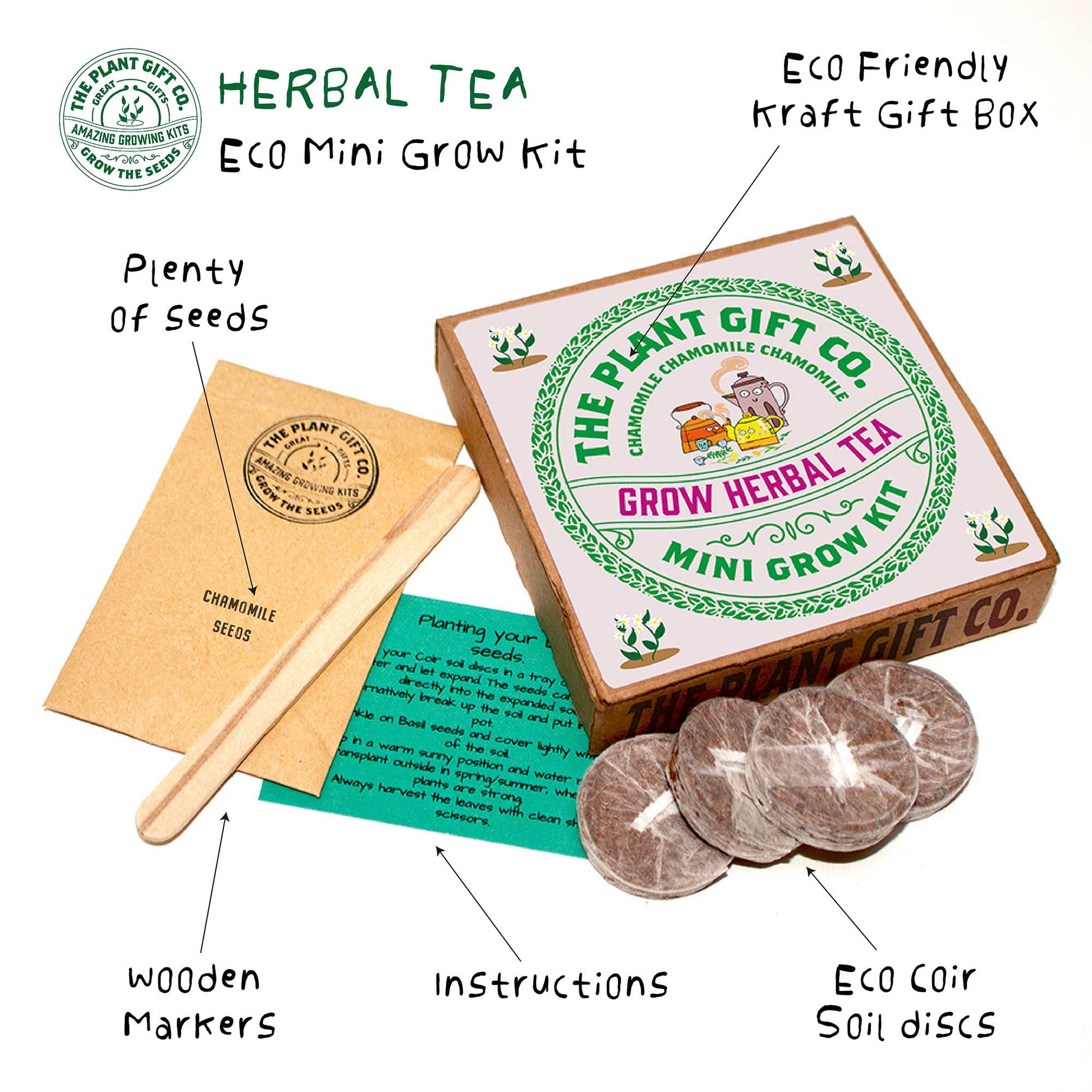 Eco-friendly herbal tea grow kit with box, seeds, markers, and soil discs.