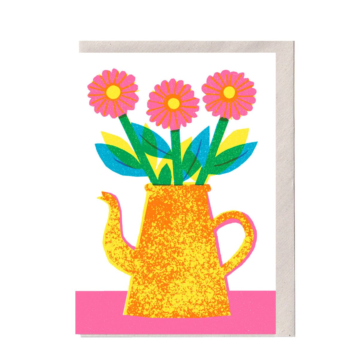 Colorful illustration of a watering can with flowers on a white background