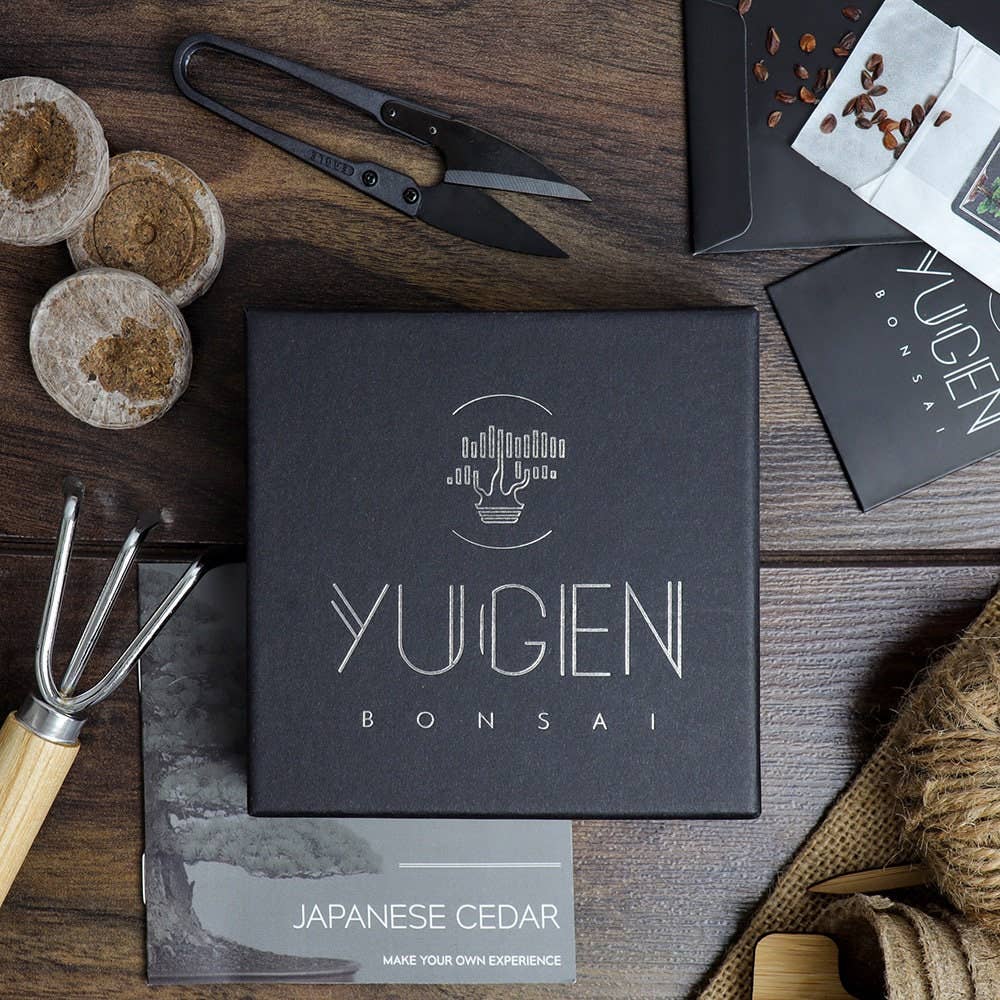 Yuigen Bonsai packaging on a wooden surface with gardening tools and materials.