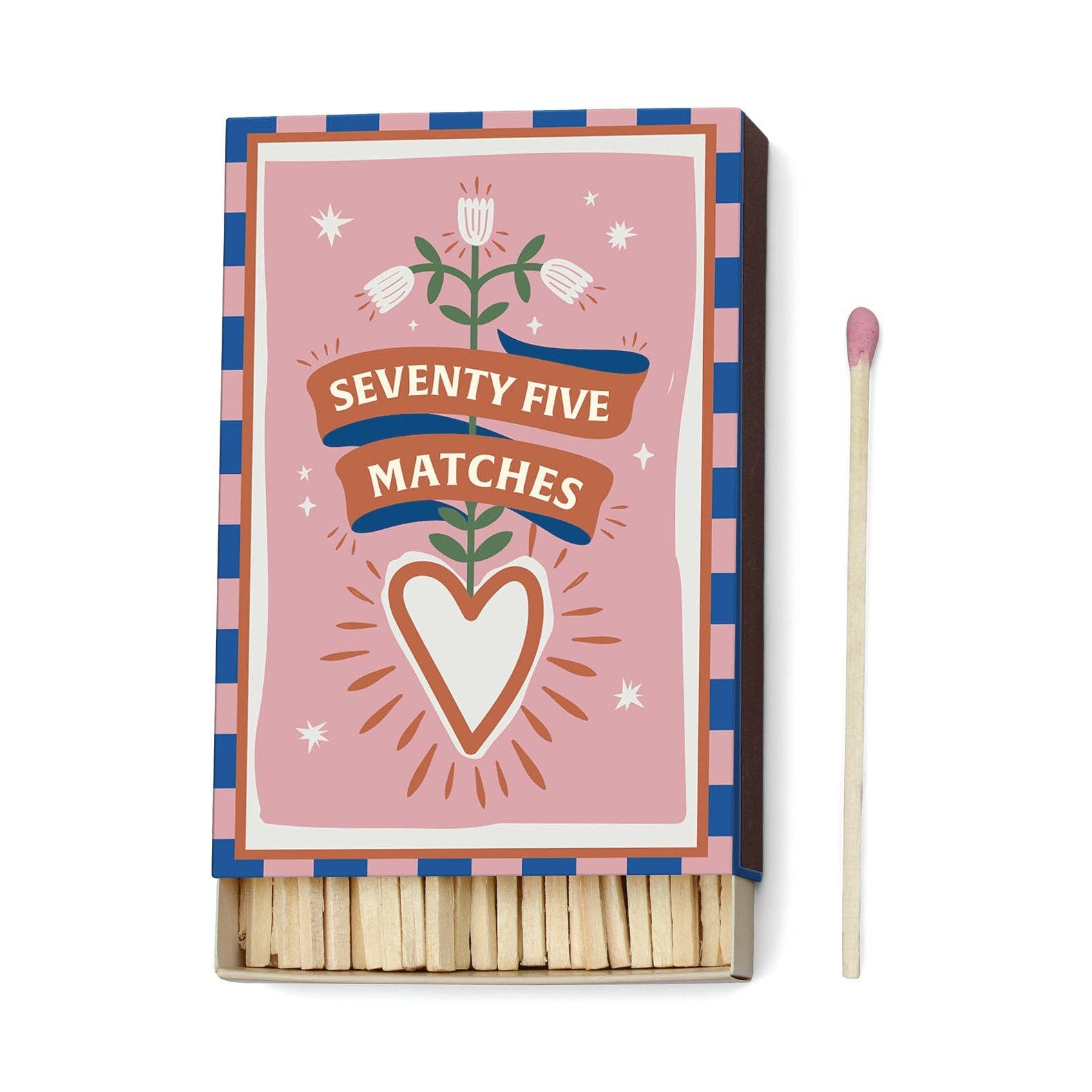 Matches with a decorative matchbox featuring floral designs and text on a white background