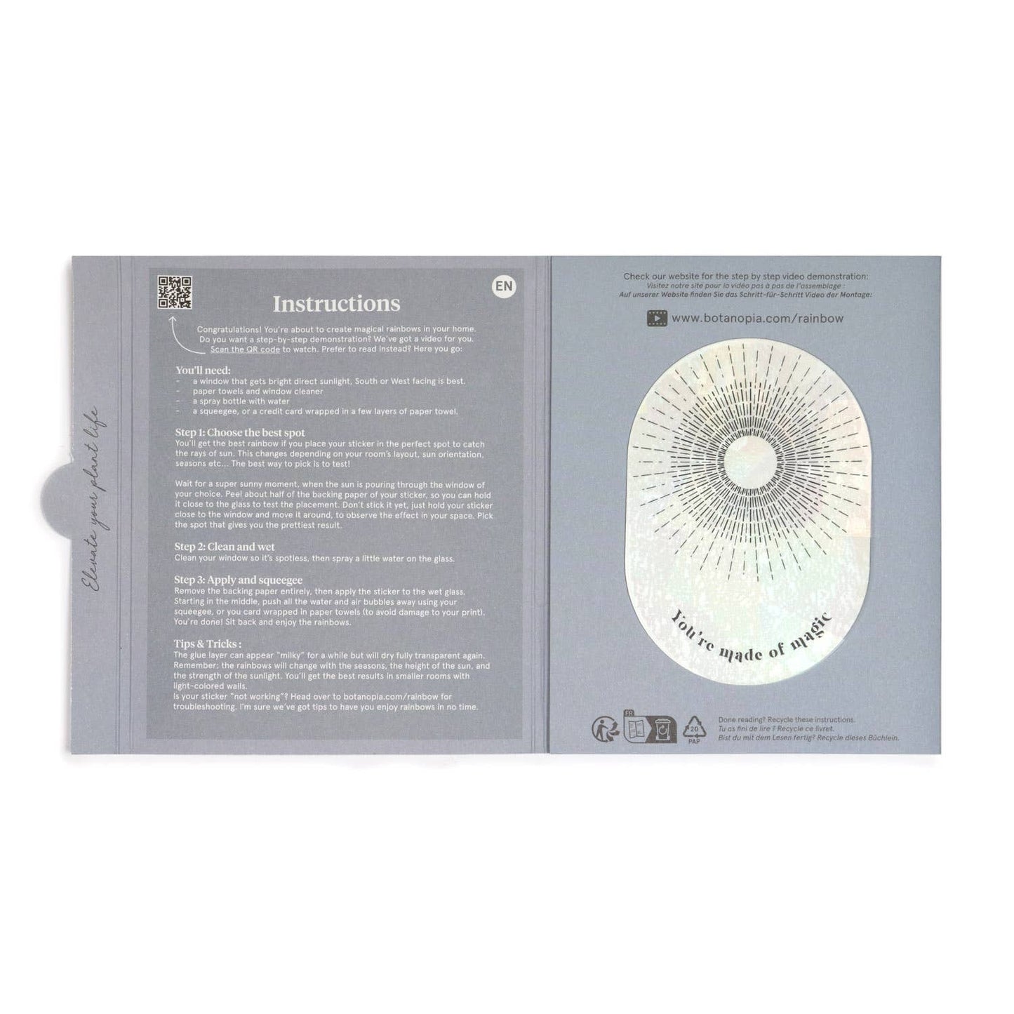 Product packaging with instructions and a decorative design on a white background