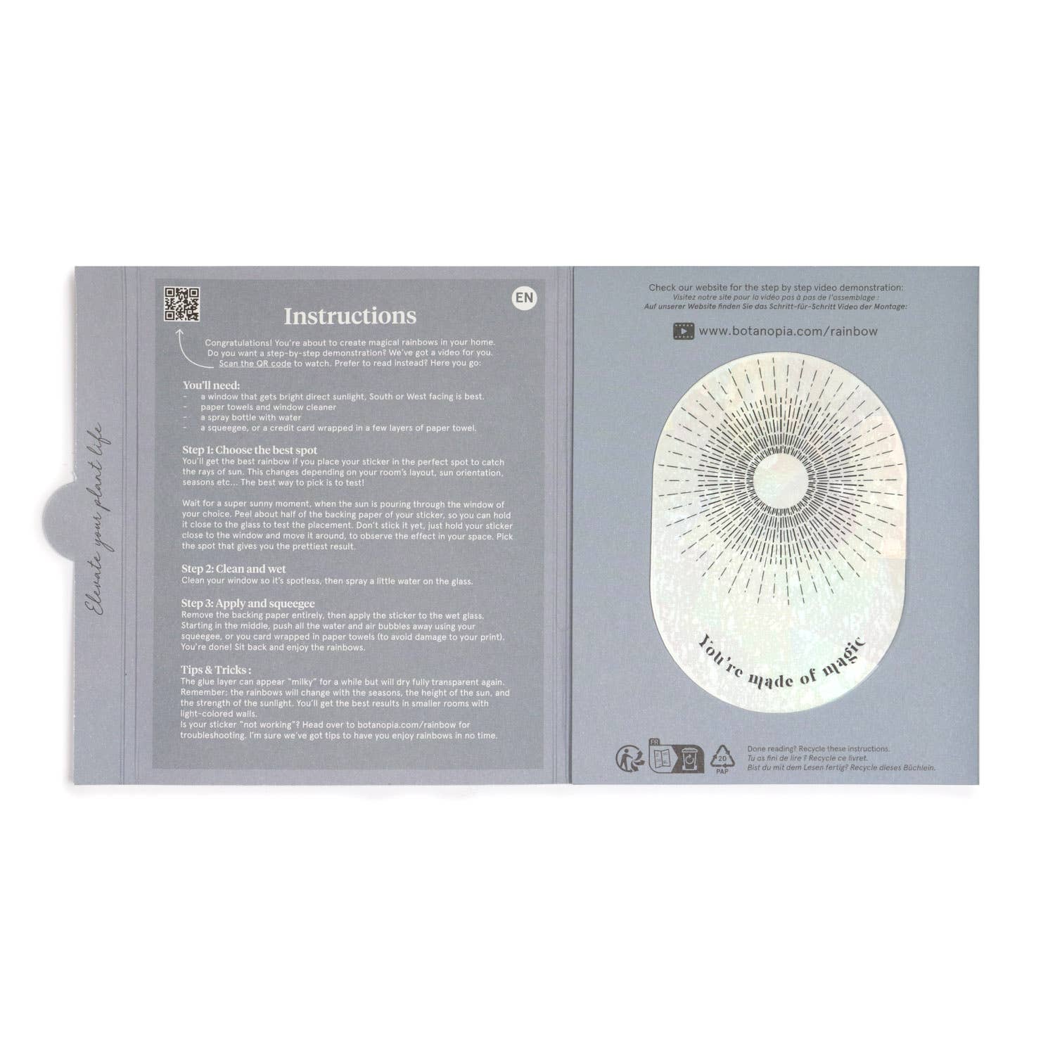 Product packaging with instructions and a decorative design on a white background