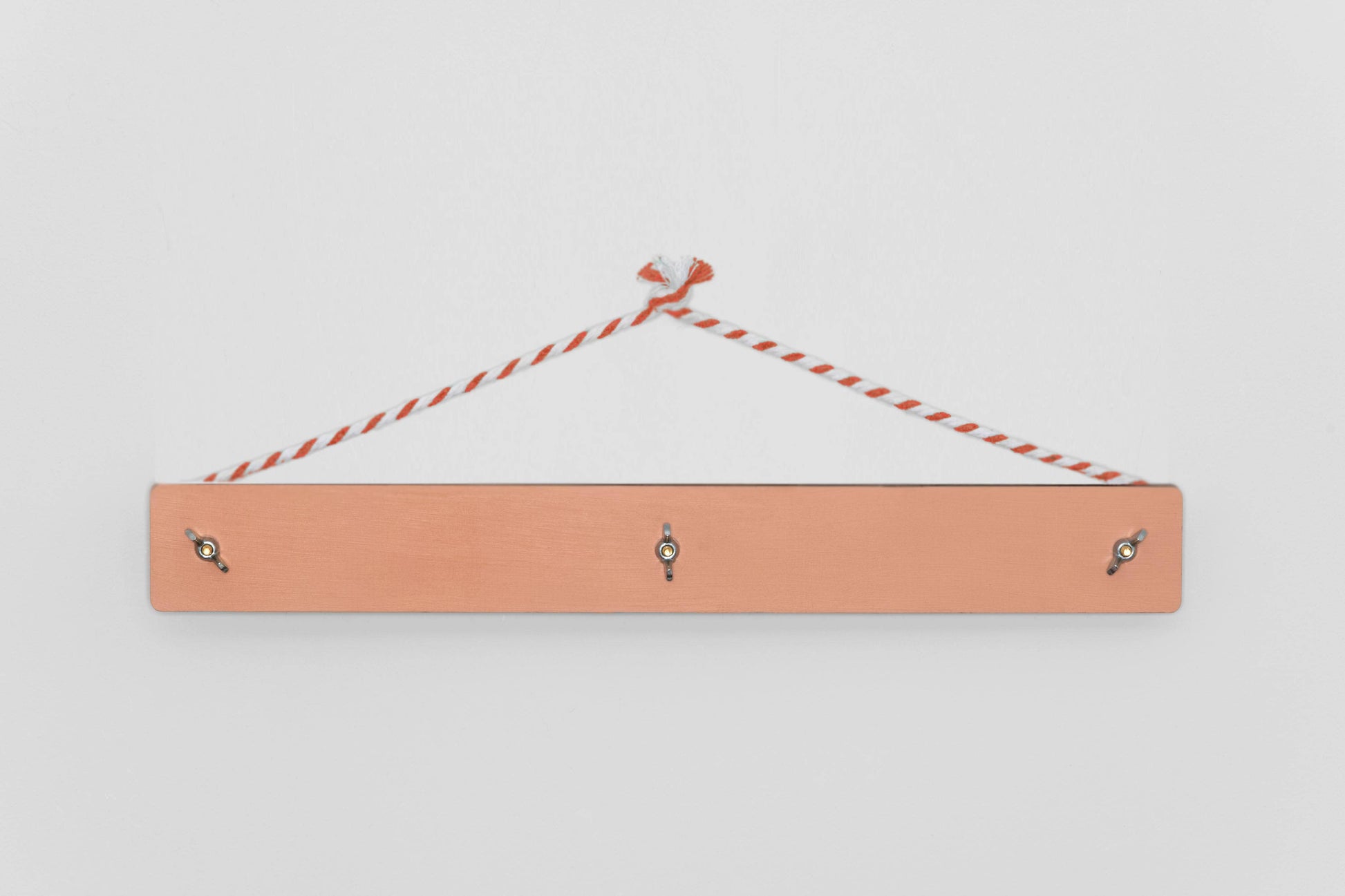 Wooden shelf with three hooks on a light gray background