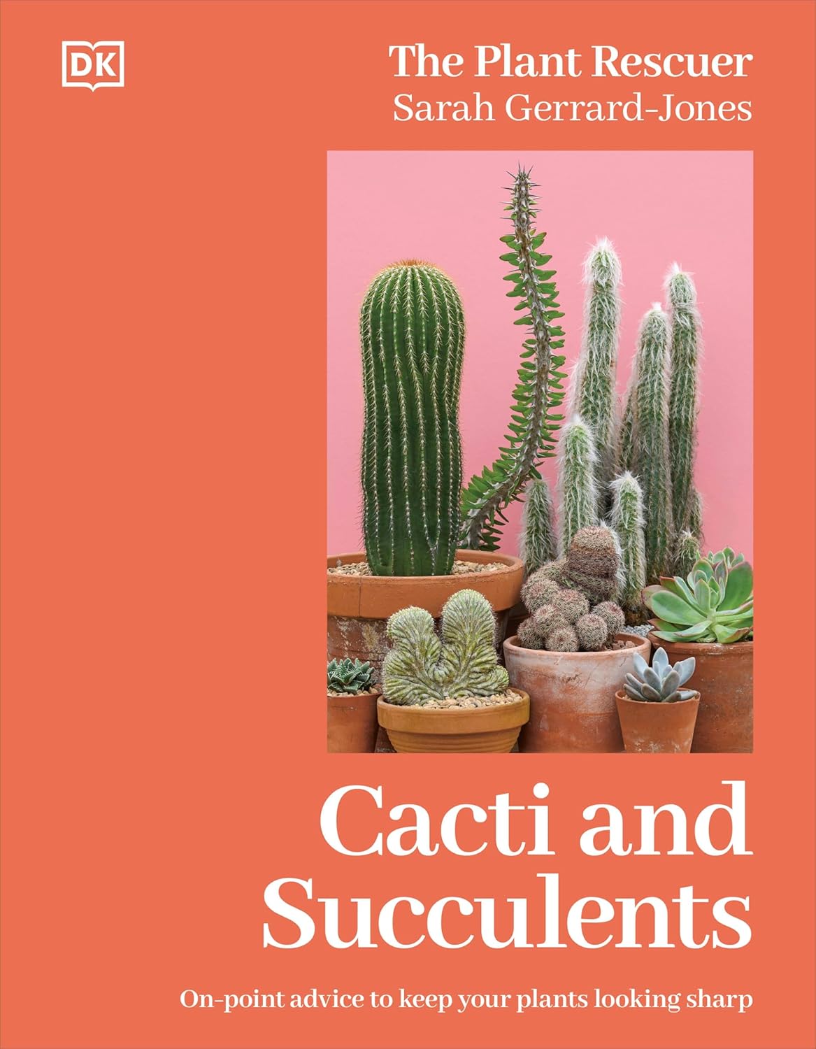 Book cover of 'Cacti and Succulents' with potted plants on an orange background