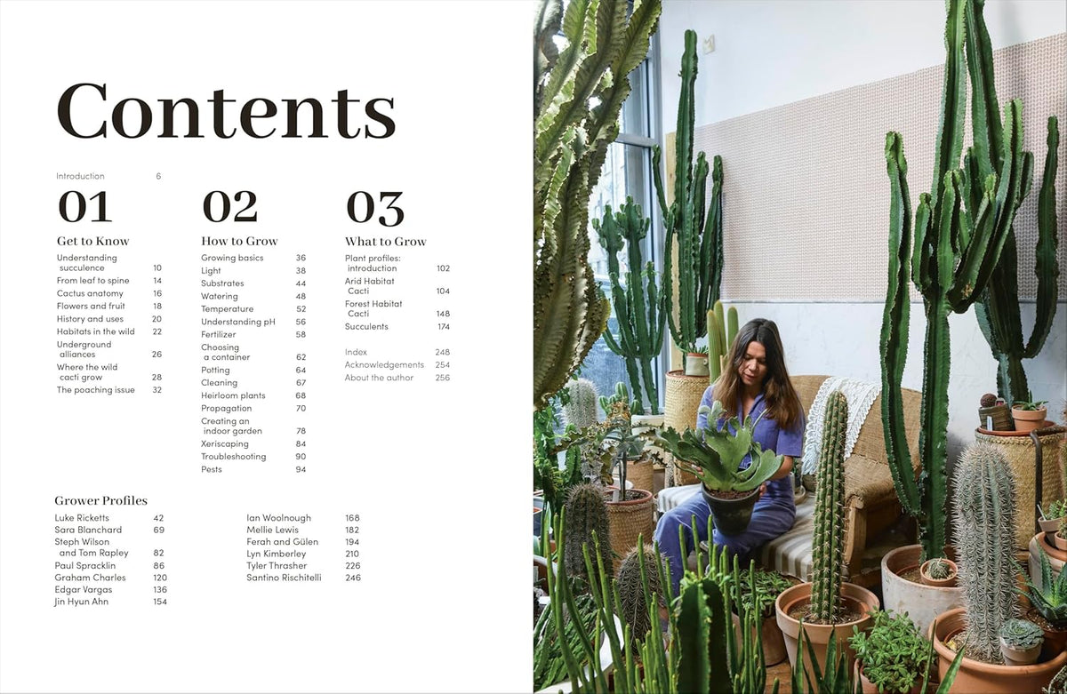 Table of contents for a gardening book with a woman among cacti and succulents.