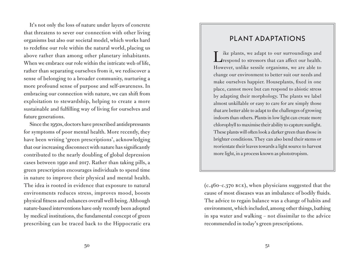A scanned book page with two columns of text, featuring a gray rectangular inset on the right with the heading 'PLANT ADAPTATIONS' and a quote starting with '(c-6te 2.590 aX.