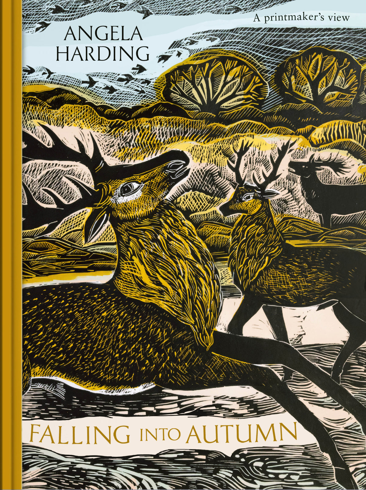 Book cover of 'Falling into Autumn' by Angela Harding with illustrations of deer and trees.