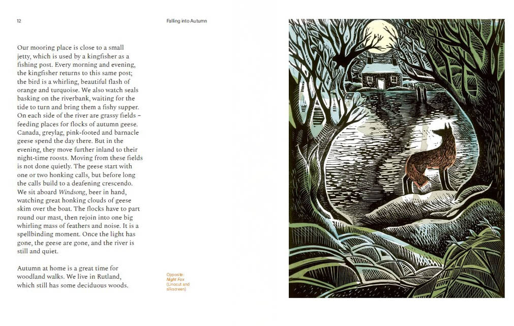 A printed book or magazine spread showing a nature essay about autumn in British Columbia on the left and a detailed black-and-white illustration of autumn foliage on the right.