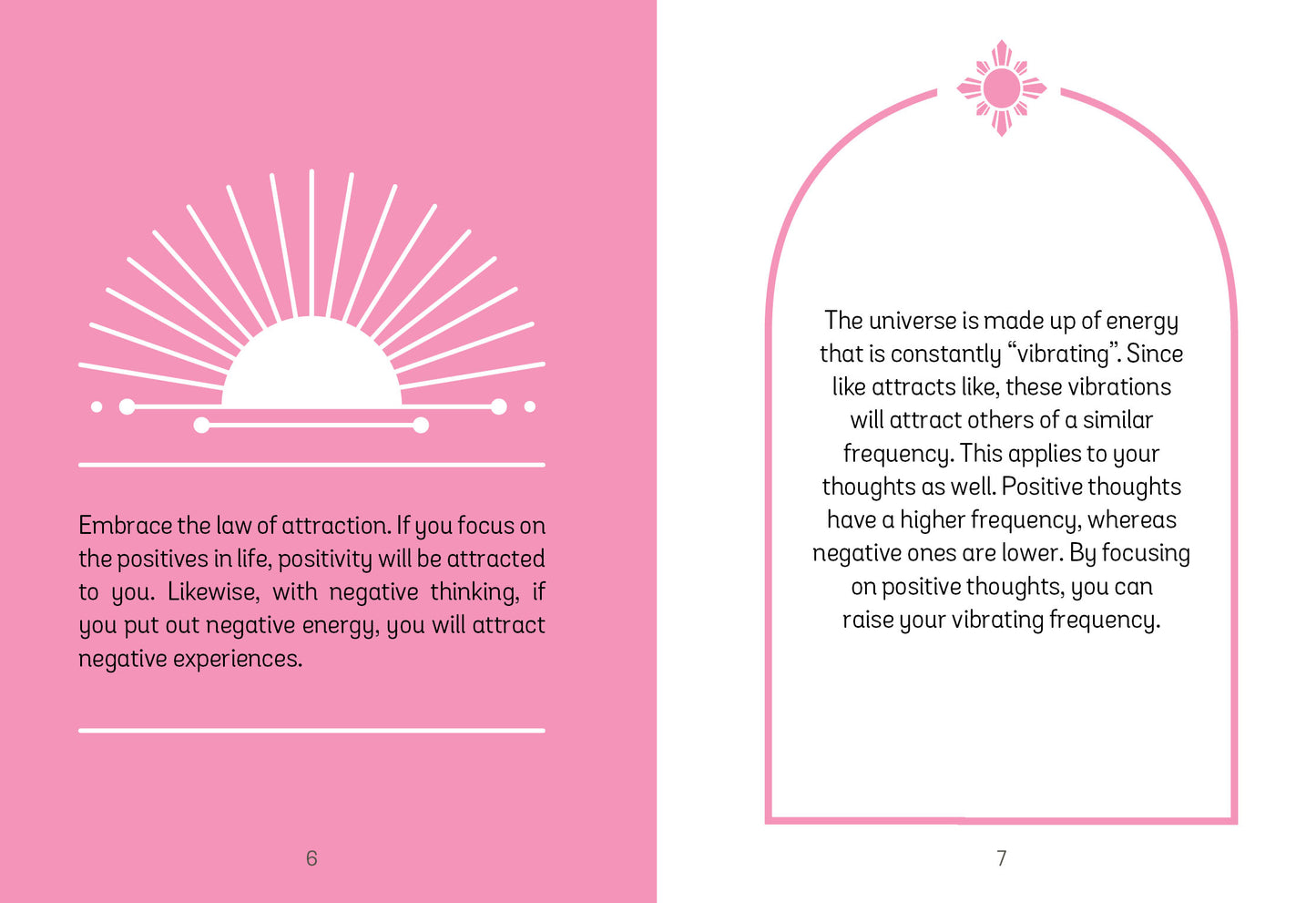 Two pages from a book or magazine with philosophical text on a pink background.