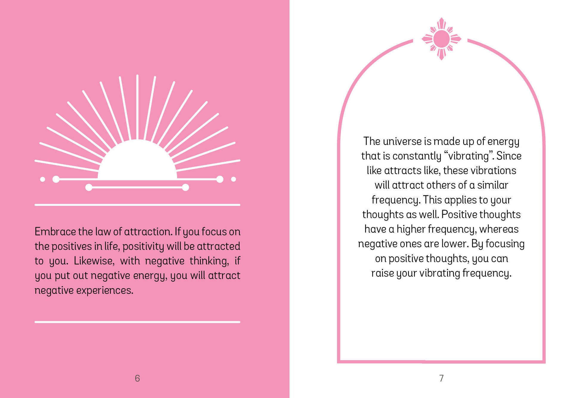 Two pages from a book or magazine with philosophical text on a pink background.