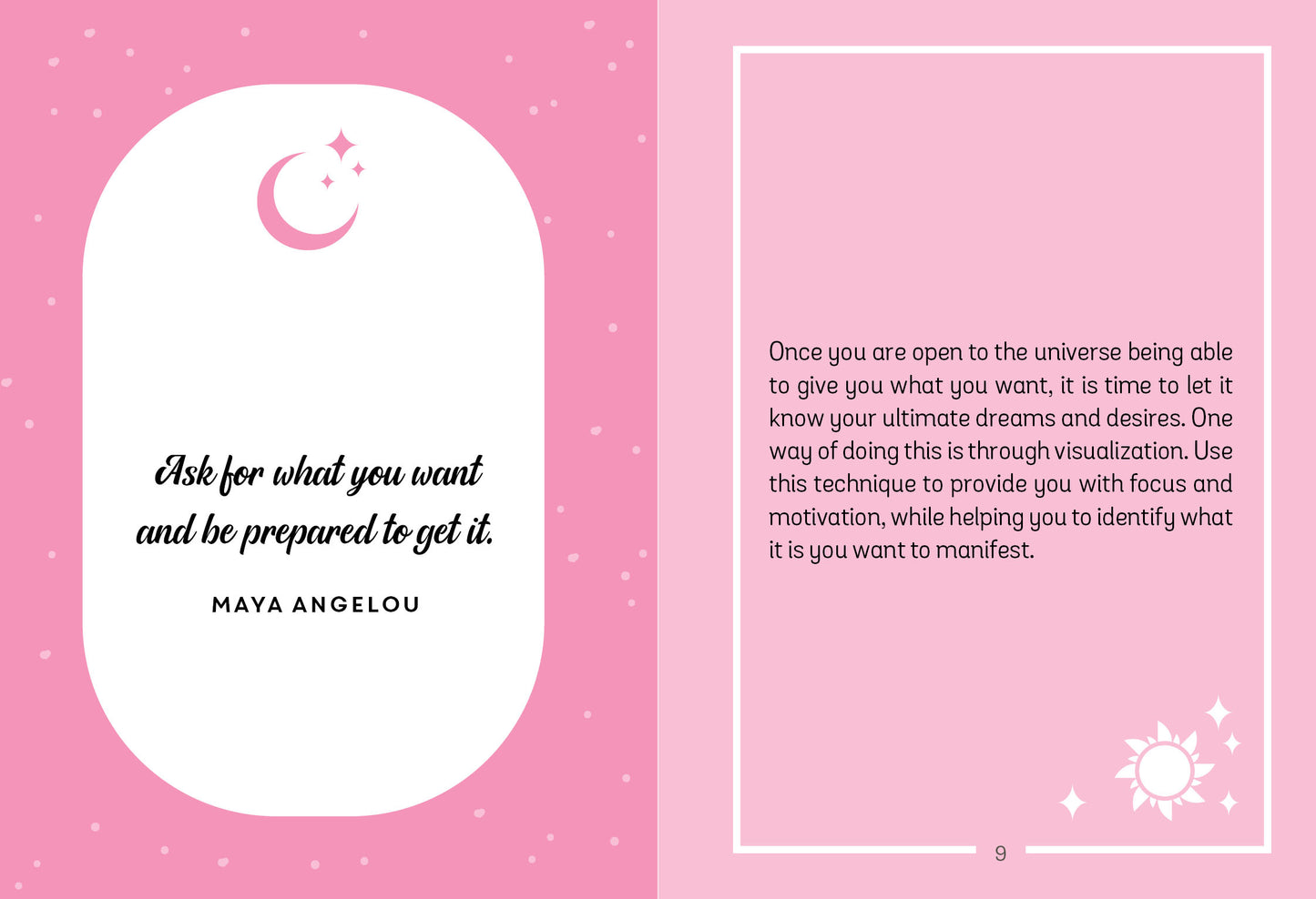 Pink background with a white oval and rectangular frame containing a Maya Angelou quote.