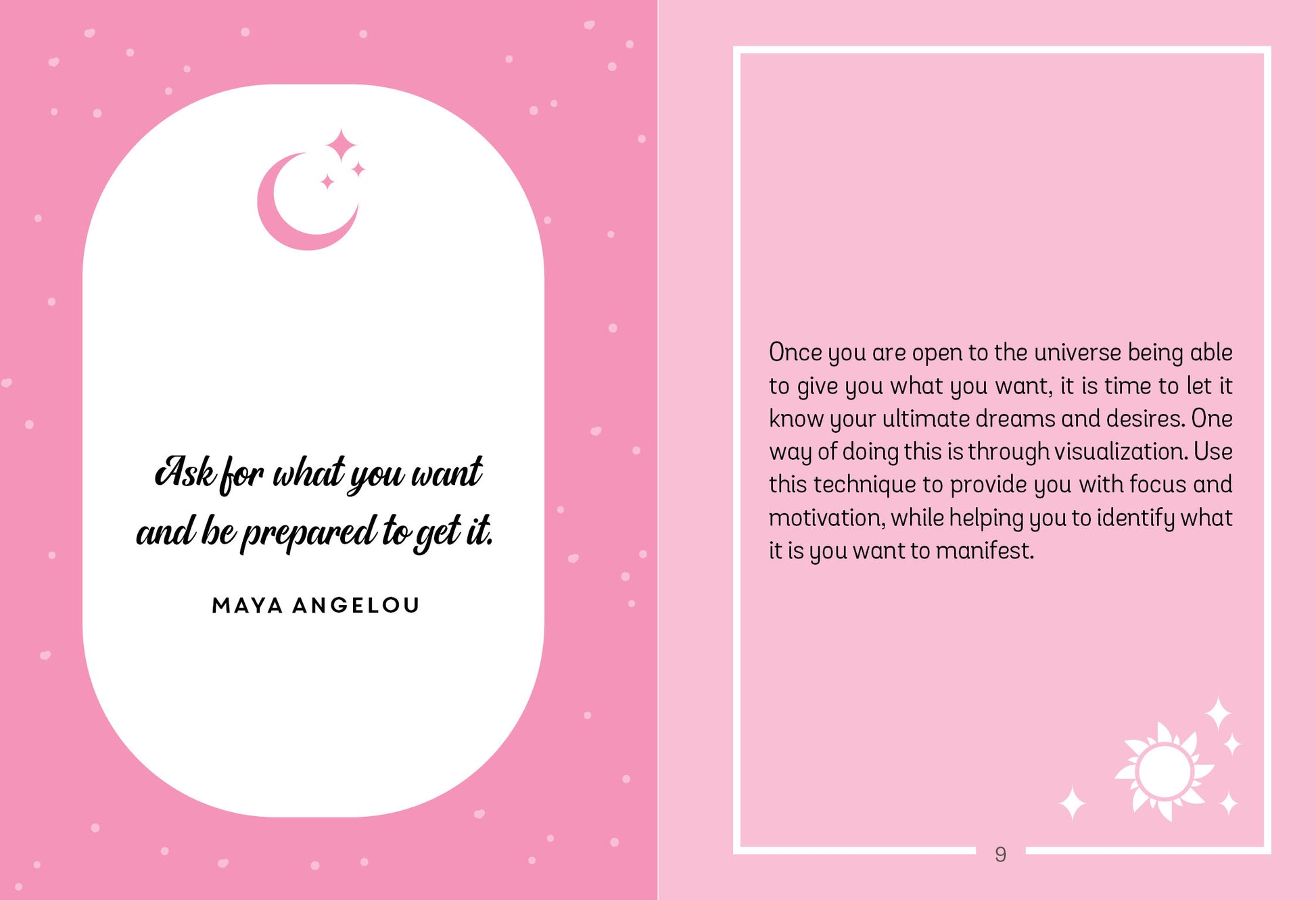 Pink background with a white oval and rectangular frame containing a Maya Angelou quote.