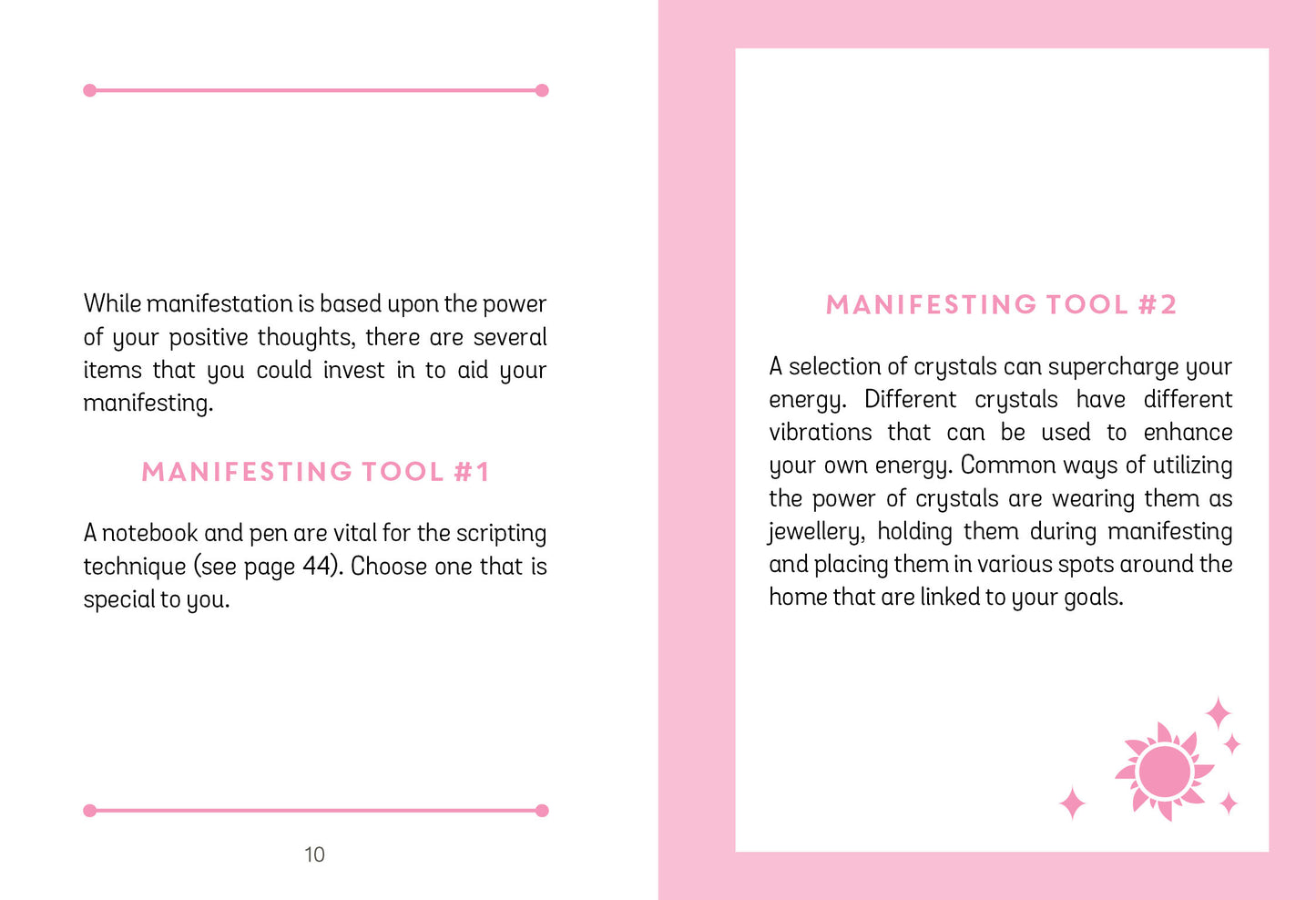 Page from a book or guide on manifestation tools with text and a pink border.