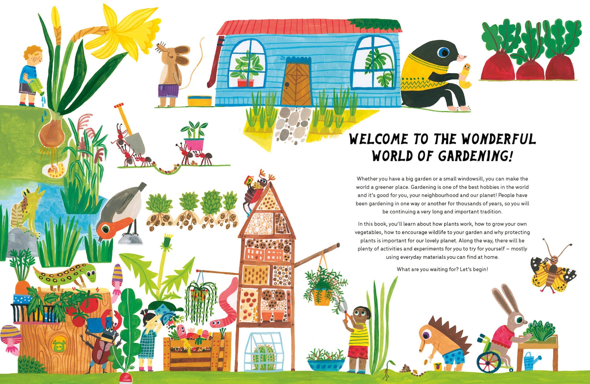 Illustrated children's book opening about gardening with various characters and plants.